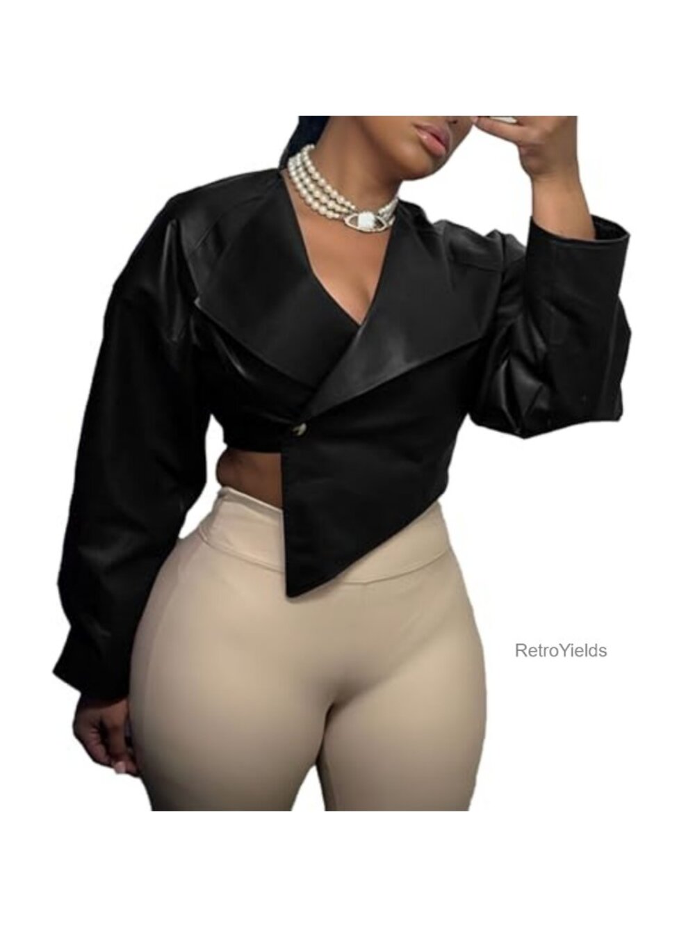Faux Leather Crop Jacket Long Sleeve Button Down Lapel Neck Womens